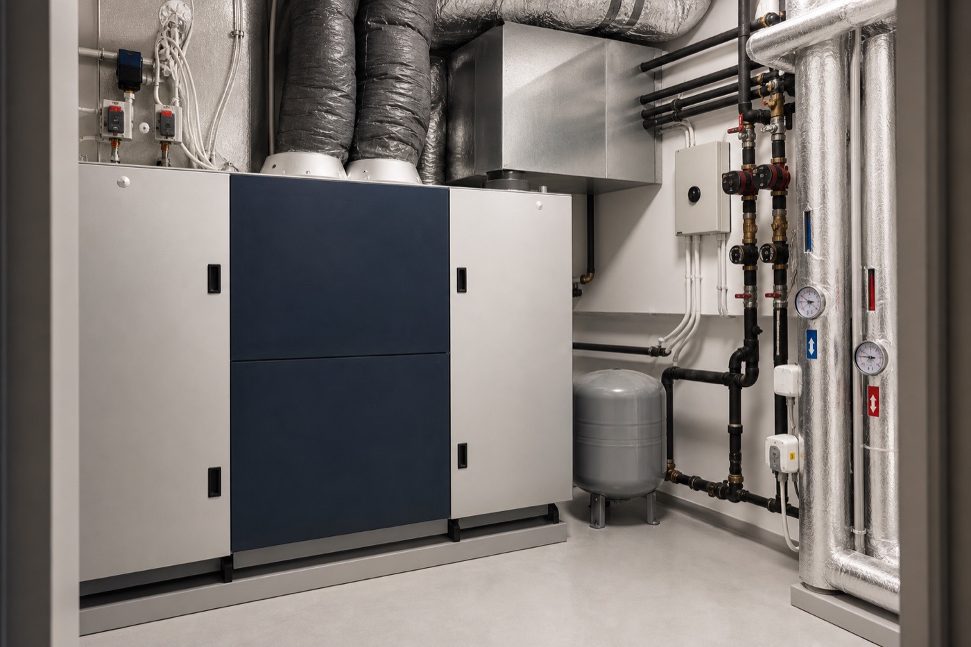 Tehniline ruum HRV ventilatsiooniseadme ja torustikuga